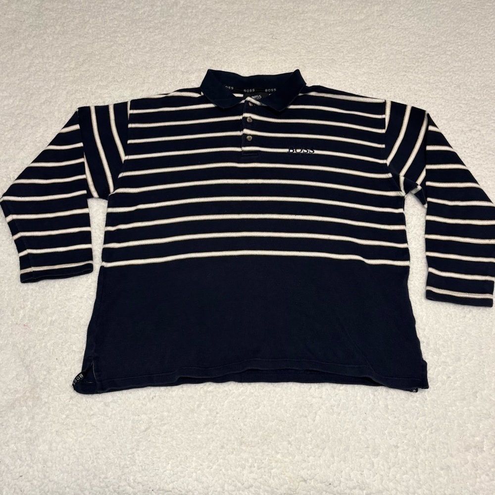 Hugo Boss Vintage Men Stripes Long Sleeve Knit Polo Shirt